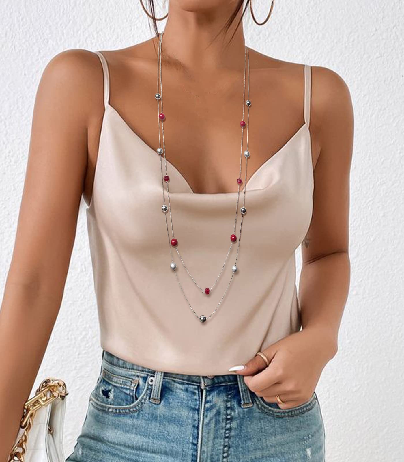 Silver Layered Long Necklace for Women Pearl Crystal Sweater Strand Chain Necklaces Fashion Gifts (Red)