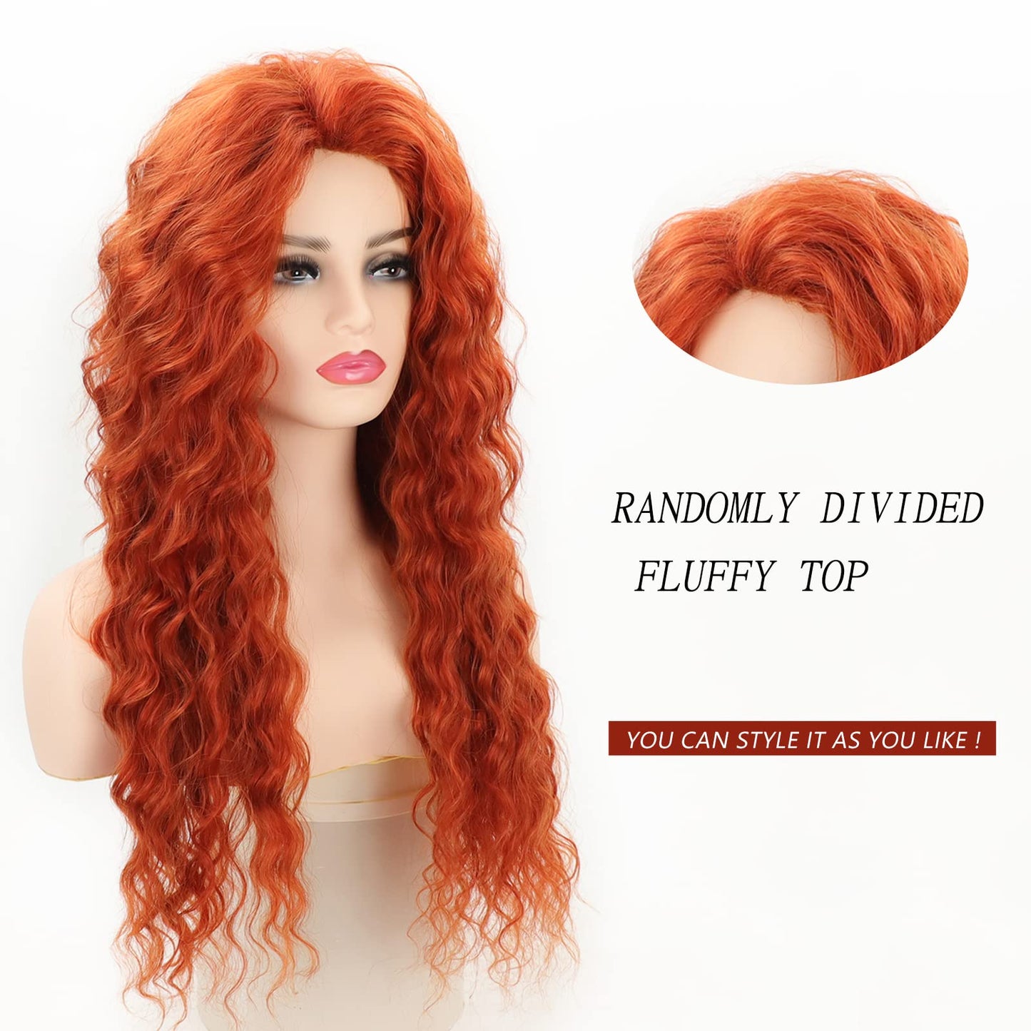Fencca Wigs Auburn Long Curly Wig Synthetic Wigs for Women Dark Orange Free Part Full Curly Wig Long Wavy Hair Replacement Wig
