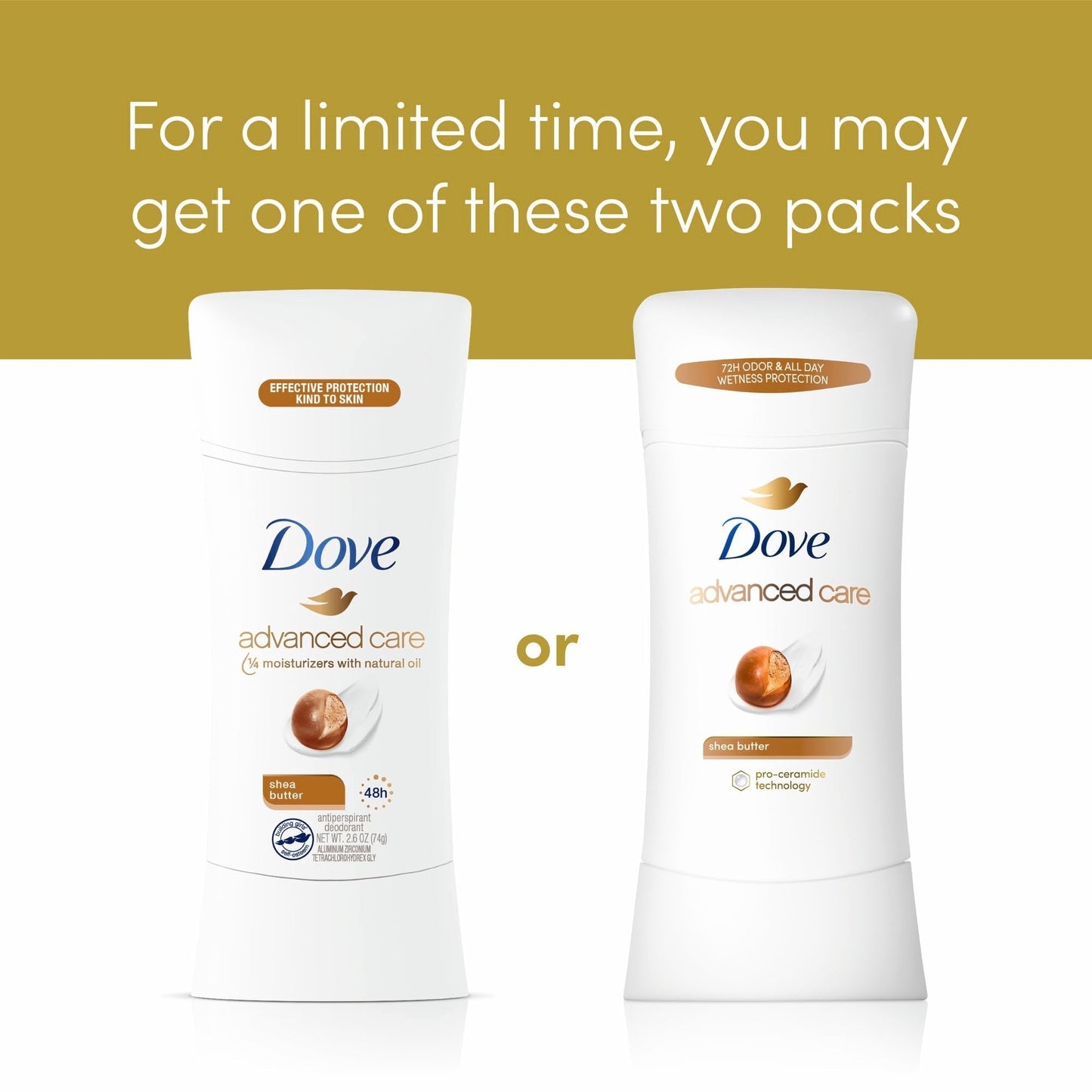 Dove Advanced Care Antiperspirant Deodorant Stick Shea Butter 4 ct with Pro ceramide technology for helping skin barrier repair after shaving 72 hour odor control sweat protection stick 2.6 oz
