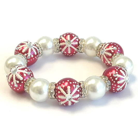 Christmas Glass Beaded Bracelet for Her, Holiday Birthday Gift Idea for Women, 1 pc (Red Snowflake)
