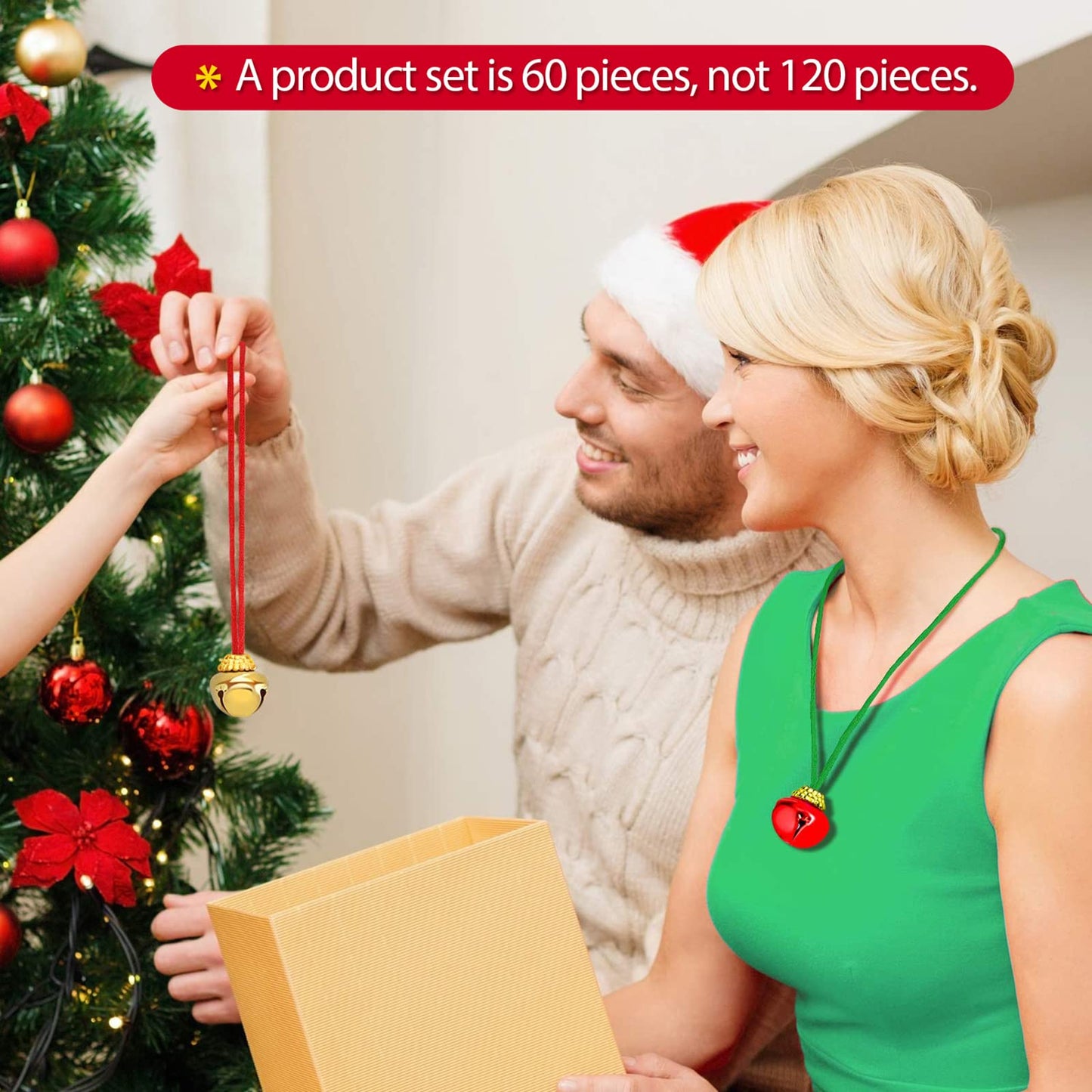 60 Piece Christmas Bell Necklaces - Holiday Necklaces for Christmas Supplies (Red, Green, Gold and Silver)