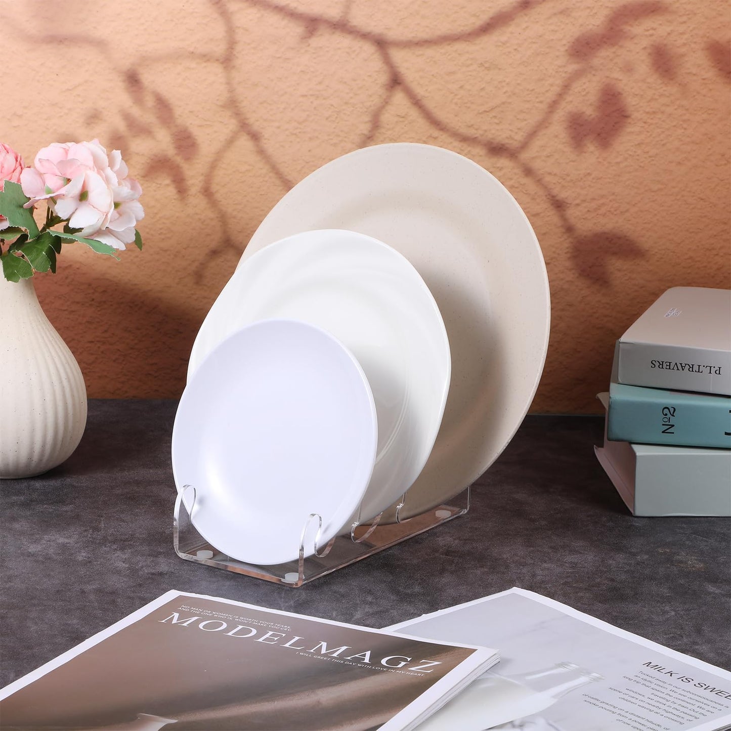 4 Pcs 3 Tier Plate Dinnerware Display Stand Acrylic Clear Plate Stand China Platters Holder Setting Racks for Display Pictures or Plate, Kitchenware, Home Office Supplies Festival Party Decoration