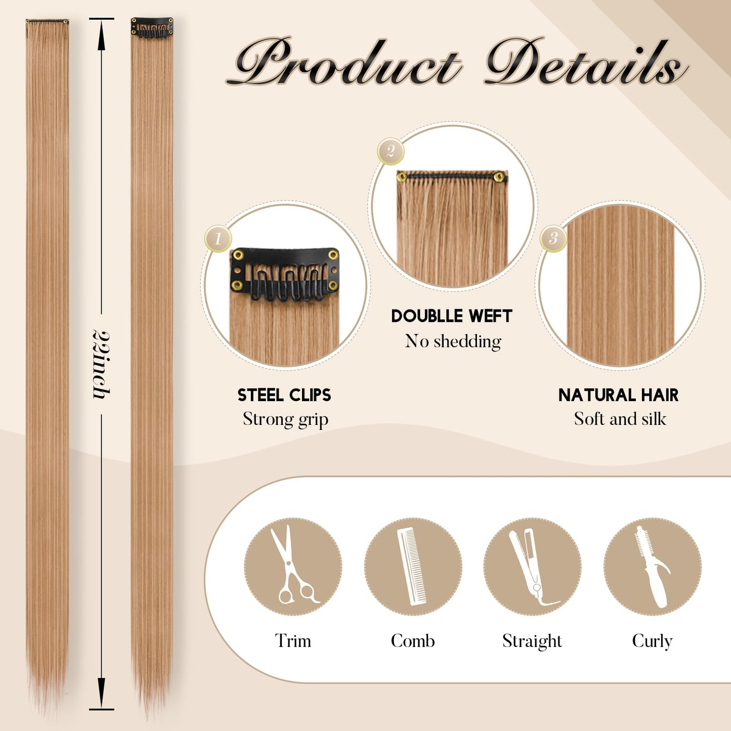 FESHFEN Colored Clip in Hair Extensions - 10 PCS Brown Mixed Blonde Highlighted Hair Piece Straight Synthetic Clip in Hairpieces for Women 22 inch