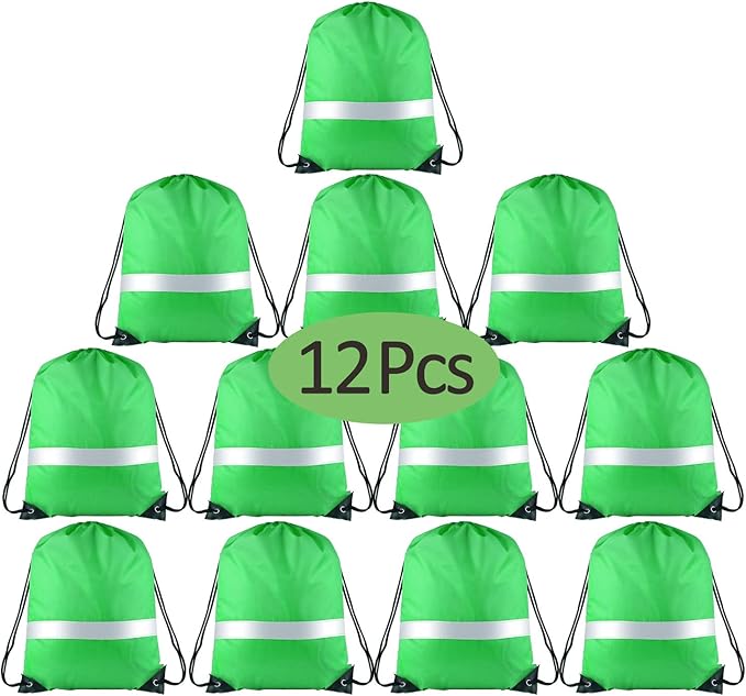 KUUQA 12 Pcs Drawstring Backpack Bag Bulk Reflective Backpack Green String Bags Cinch Sack Backpack for Team Yoga Sport Gym Traveling