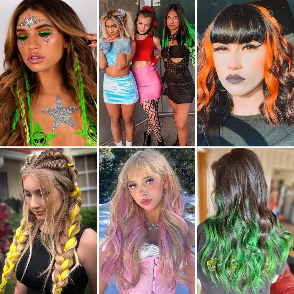 FESHFEN Colored Clip in Hair Extensions - 10 PCS Polaris Dark Green Highlighted Hair Piece Straight Synthetic Clip in Hairpieces for Women 22 inch