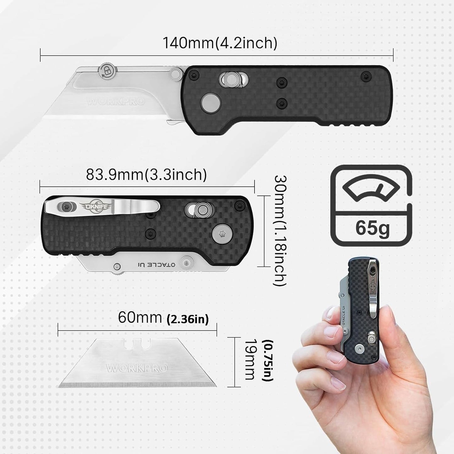OKNIFE Otacle U1 Folding Pocket Utility Knife, Quick Change Box Cutter with Rail Lock, EDC Razor Knife with Pocket Clip for Office, Factory (Black)