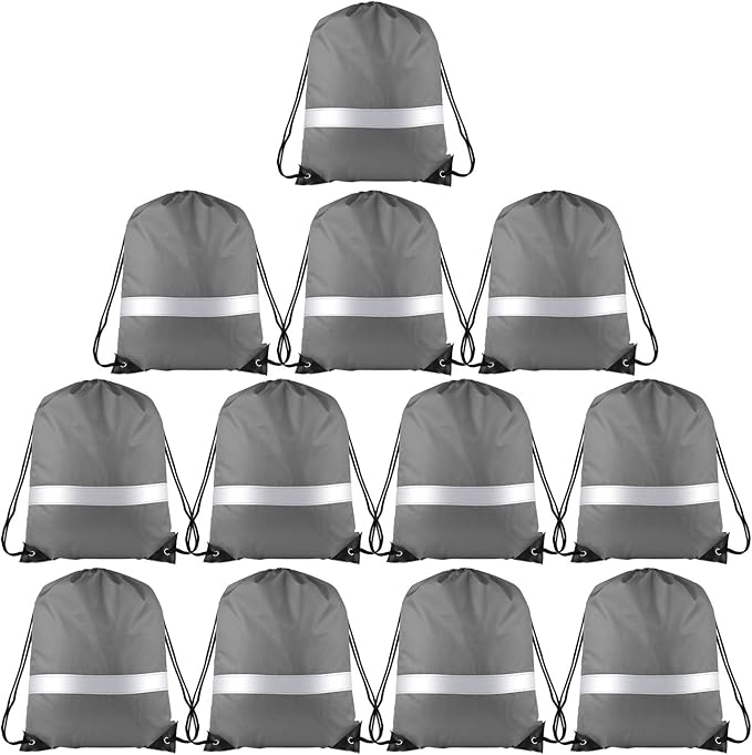 KUUQA 12 Pcs Drawstring Backpack Bag Bulk Reflective Backpack Gray String Bags Cinch Sack Backpack for Team Yoga Sport Gym Traveling
