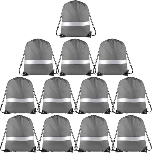 KUUQA 12 Pcs Drawstring Backpack Bag Bulk Reflective Backpack Gray String Bags Cinch Sack Backpack for Team Yoga Sport Gym Traveling