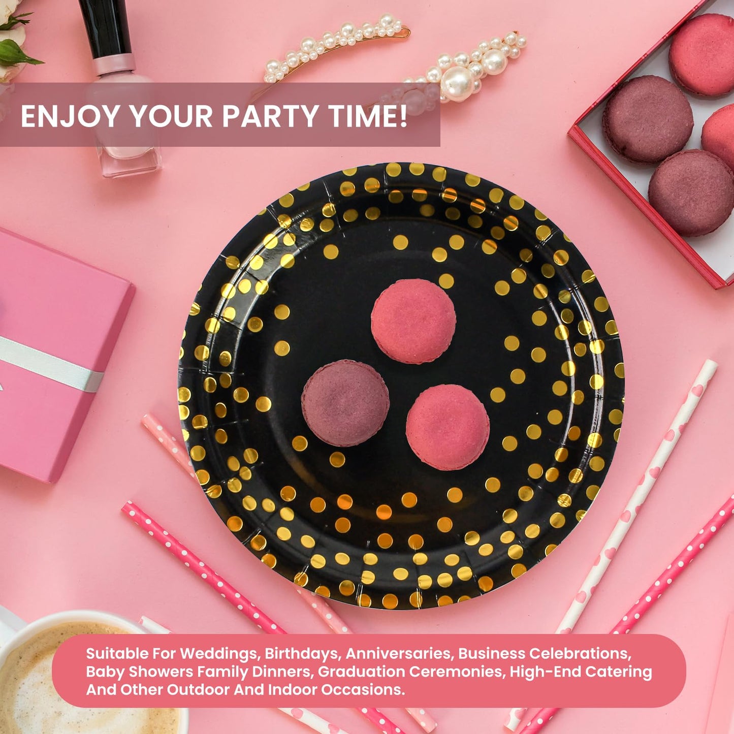 150PCS Paper Plates and Napkins Set - Black and Gold Dot Disposable Party Dinnerware Includes Paper Plates, Napkins, Forks Decorations for Birthdays, Graduations, Weddings and Holidays, Serves 50