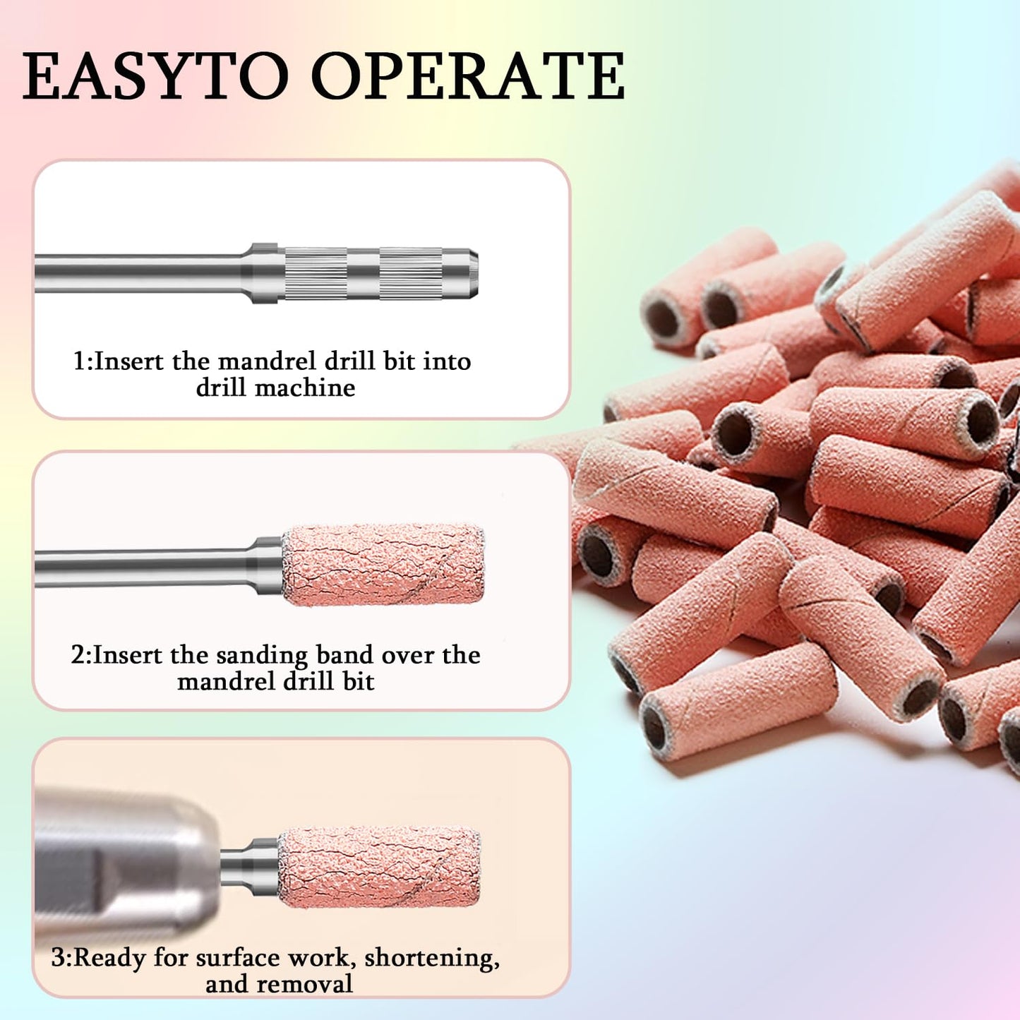 ERUIKA 100pcs Nail Drill Bits Small Sanding Bands with Upgrade 3.1mm Mandrel Bit, 120 Medium Grit Nail File Sanding Bands for Acrylic Nails Gel Removing Shaping Manicures and Pedicure(Pink, 120 Grit)