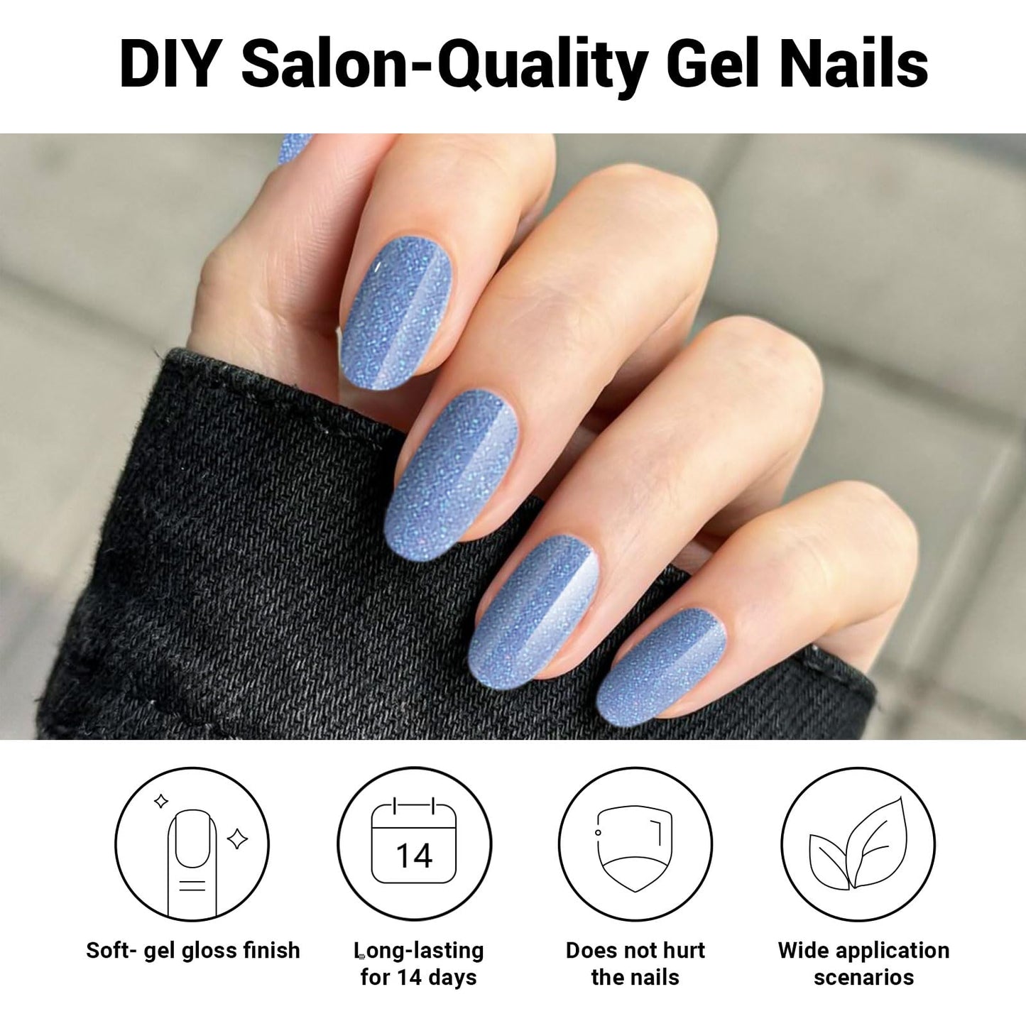 DUKASOU Semi Cured Gel Nail Strips, Blue Fine Flash | 28pcs Gel Nail Strips Work with Any uv lamp,Gel Nail Stickers for Women Girls, Includes Prep Pads, Nail File & Wood Stick