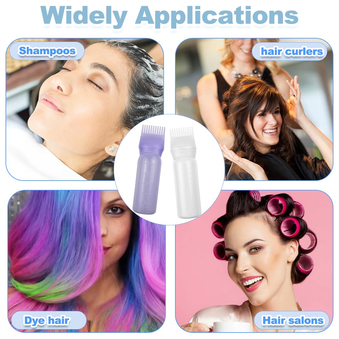 ELANE 4 Pack Root Comb Applicator Bottle,Oil Comb Applicator for Hair Dye Shampoos Hair Salons (2 purple + 2 white)