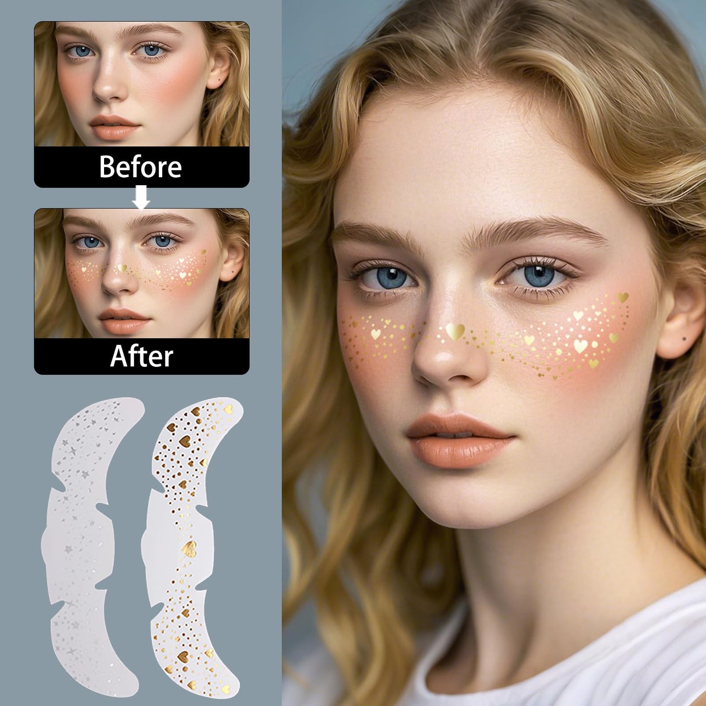 Face Glitter Freckles Tattoo, Gold Glow Up Makeup Patches, Face Glitter Makeup Speckles Patches, Cute Glitter Makeup Accessories for Women Cosmetic Glitter for Face - 20 Counts