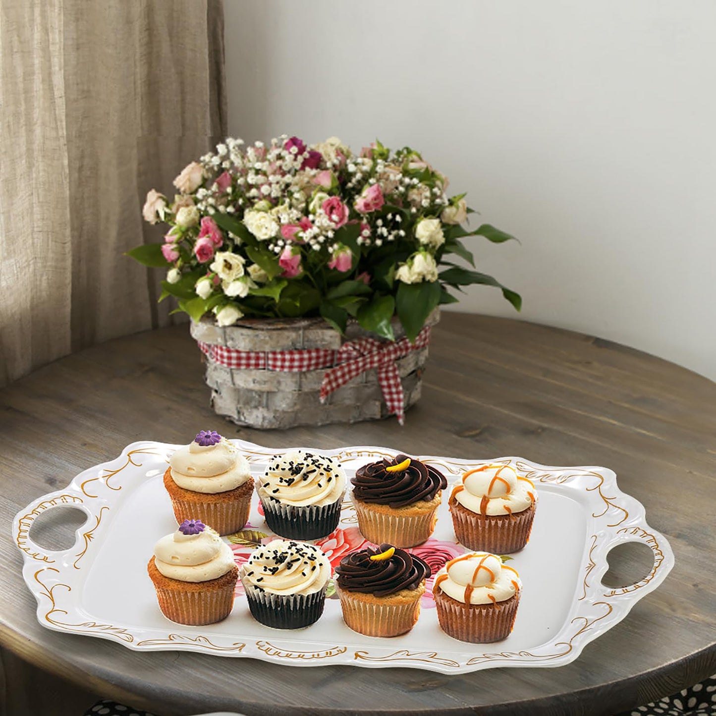 Nicunom 3 Pack Serving Trays with Handles, 16" L x 11" W Rectangular Trays for Eating, Melamine Serving Platters for Party, Floral Tray for Serving Food, Cookies, Desserts, Great Gift