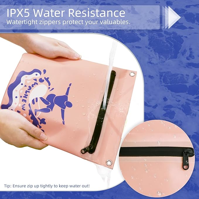 WALNEW Waterproof Dry Bag with Watertight Zipper, Lightweight Waterproof Pouch for Women Men, IPX5 Crossbody Dry Sack Keeps Gear Dry for Kayaking, Beach, Boating, Camping, Fishing, Hiking (PINK)