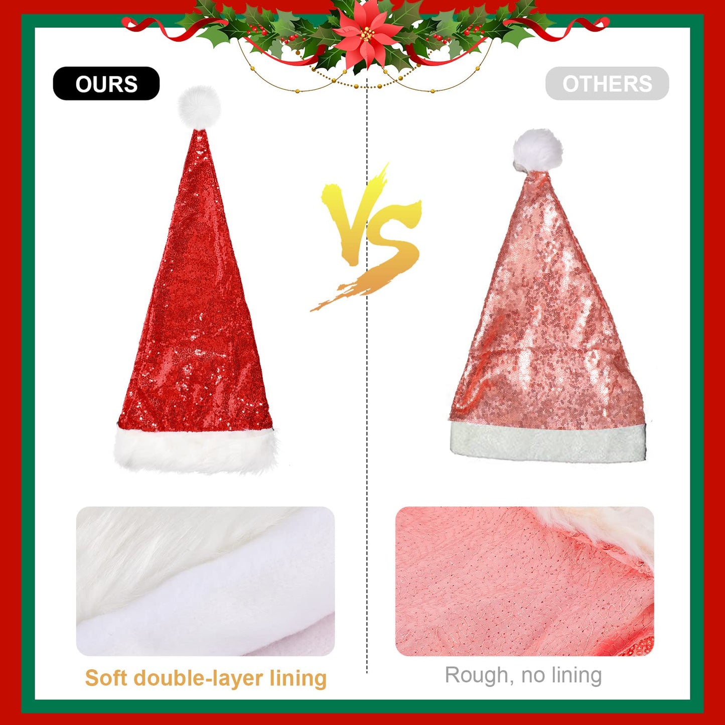 Geyoga 4 Pieces Christmas Santa Hats Xmas Shiny Sequin Santa Hats for Adults Long Christmas Cap Women Men Party Supplies(Red)