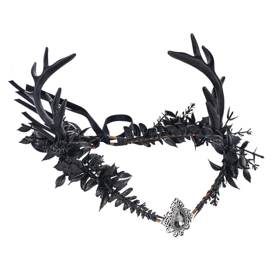 MOSTORY Black Flower Antler Crown - Dark Reindeer Headpiece Gothic Elf Circlet Deer Horns Headband for Women Cosplay Renaissance Goth Wedding Renfaire Accessory