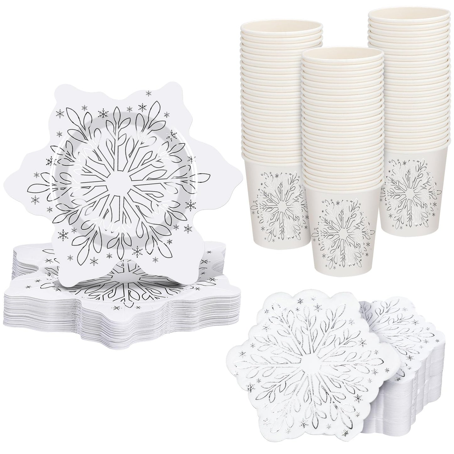 Zhehao 96 Pcs Winter Snowflake Plates and Napkins Set Christmas Snowflake Tableware Set Frozen Winter Plates, Cups, Napkins for Wonderland Party Supplies