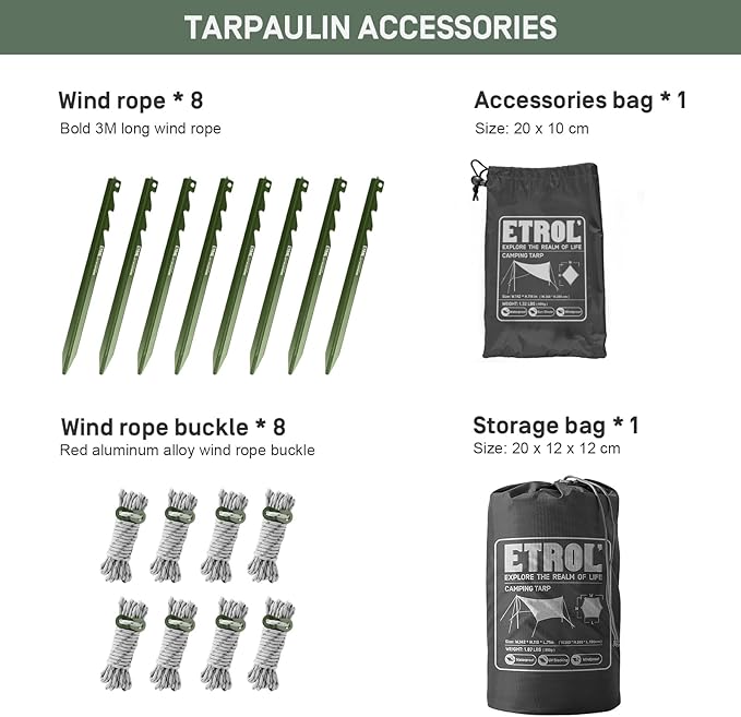 Waterproof Camping Tarp - 5 in 1 Multifunctional Hammock Tarp, UV Protection and PU 3000mm Waterproof Rain Fly for Tent, Backpack, Survival, Footprints, Beach - Lightweight Ripstop Compact