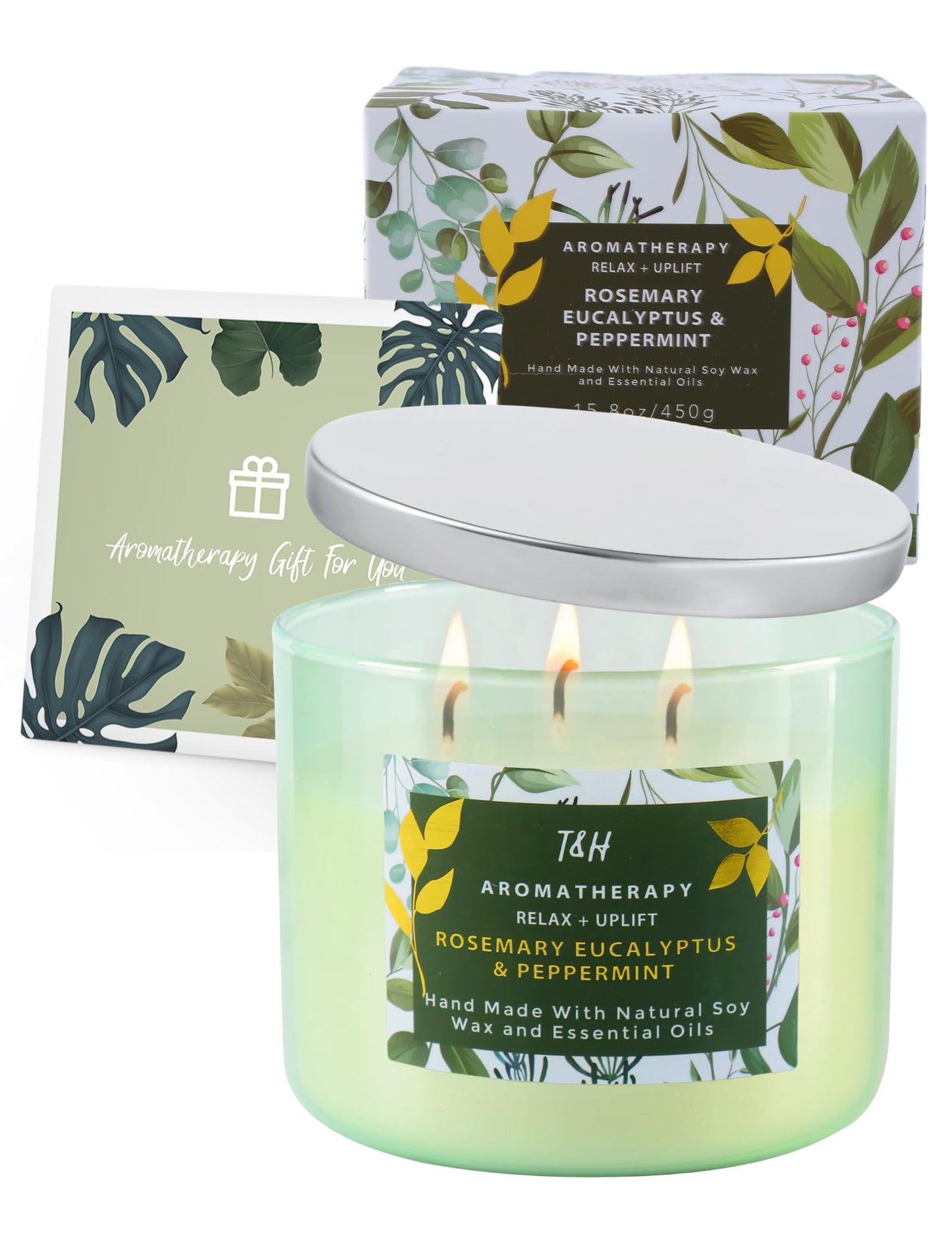Rosemary Eucalyptus Peppermint Candle | Highly Scented Large 3 Wick Soy Candle 15.8 oz | Uplifting Eucalyptus Mint Scented Candles for Home | Aromatherapy Stress Relief Spa Candles for Men & Women
