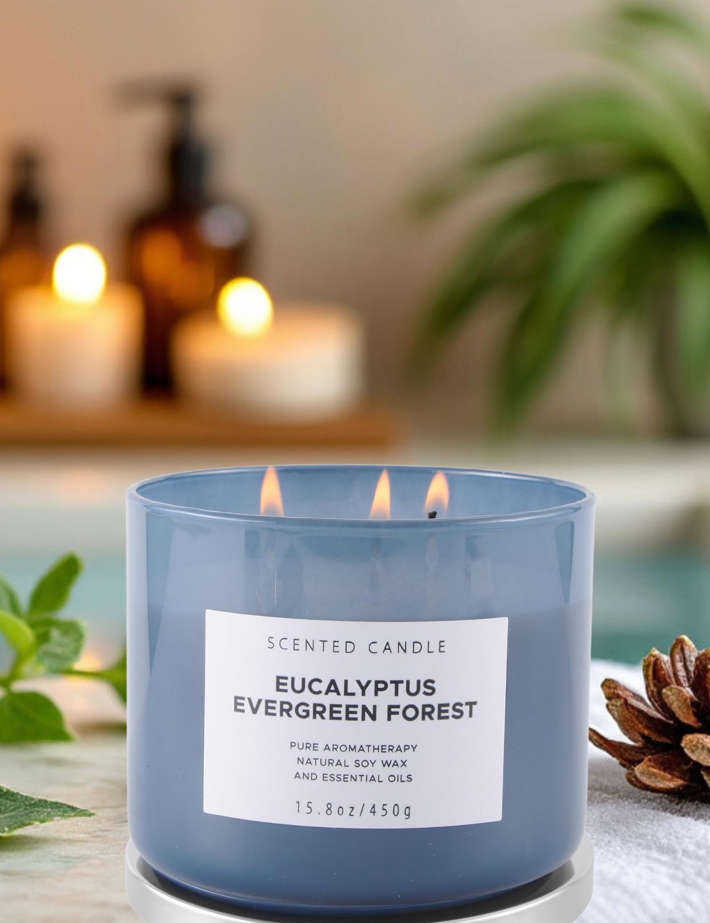 Eucalyptus Evergreen Forest 3 Wick Scented Candle | Luxury Soy Candles for Home | Relaxing Aromatherapy Stress Relief Candle 15.8 oz | Clean Burn Long Lasting Balsam Fir Woods Candles for Men & Women