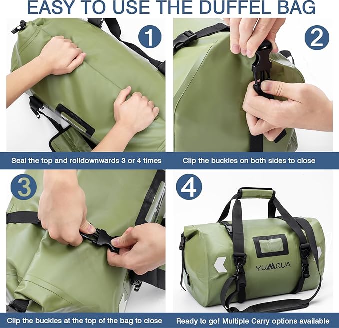 Waterproof Duffel Bag, Large Duffle Bag for Travel Heavy Duty Dry Bag with Durable Strap & Handle for Outdoor Motorcycle Boating Rafting Kayaking Paddleboarding, 40L Capacity Army Green