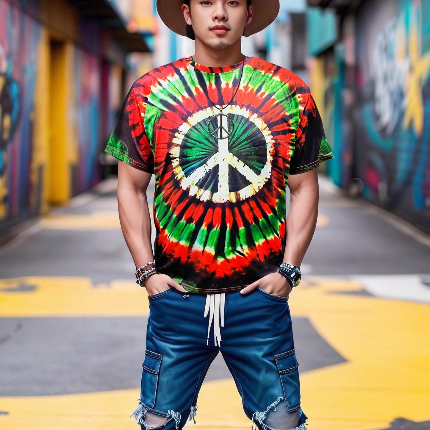 XonyiCos Hippie Costume for Men Women 60s and 70s colorful T-shirt sunglasses headband Peace necklace 4-piece theme party (Peace Red Black 4-piece Set, X-Large)