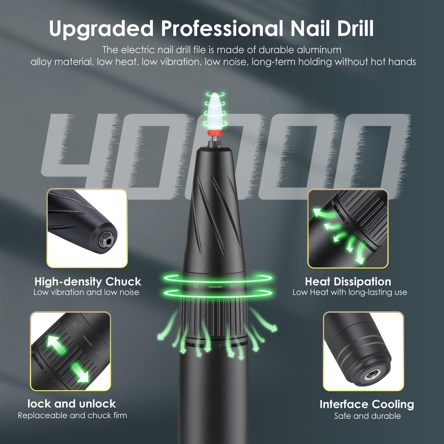 Electric Nail Drill Machine, 40000RPM Professional E File Nail Drill Kit for Gel Acrylic Nails,High Speed Low Vibration Low Heat Nail Grinding with LED Light, 7 Bits, F/R Rotation, LCD Screen (Black)