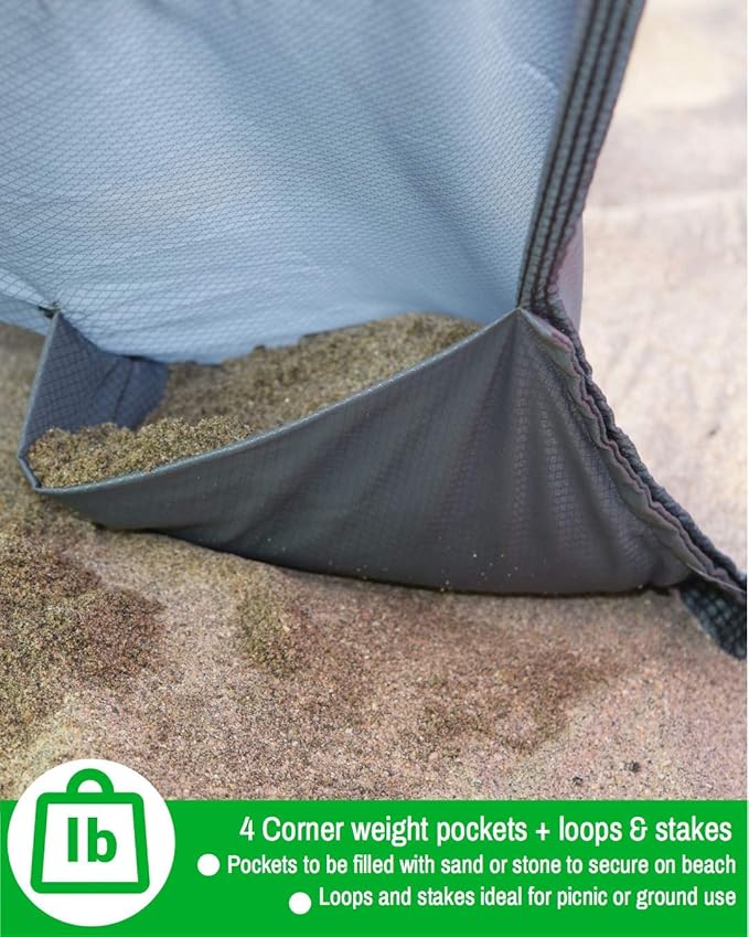 ECCOSOPHY Sandproof Beach Blanket - Oversized Sand Free Beach Mat 9'x10' - Lightweight Outdoor Picnic Blanket Anchored with 4 Corner Sand Pockets & Plastic Stakes - Heat Proof, Quick Drying & Compact