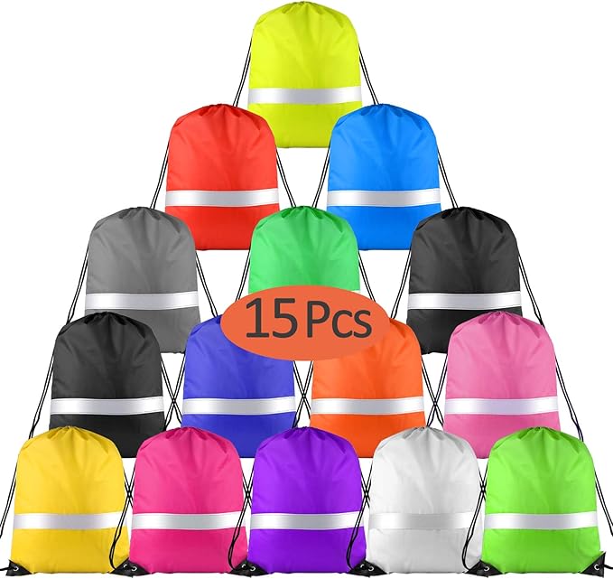 KUUQA 15 Pack Drawstring Backpack Bag Bulk Reflective Backpack String Bags Cinch Sack Backpack for Team Yoga Sport Gym Traveling