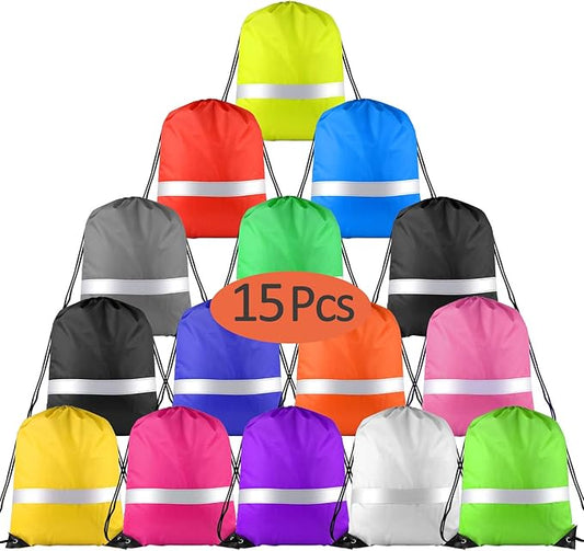 KUUQA 15 Pack Drawstring Backpack Bag Bulk Reflective Backpack String Bags Cinch Sack Backpack for Team Yoga Sport Gym Traveling