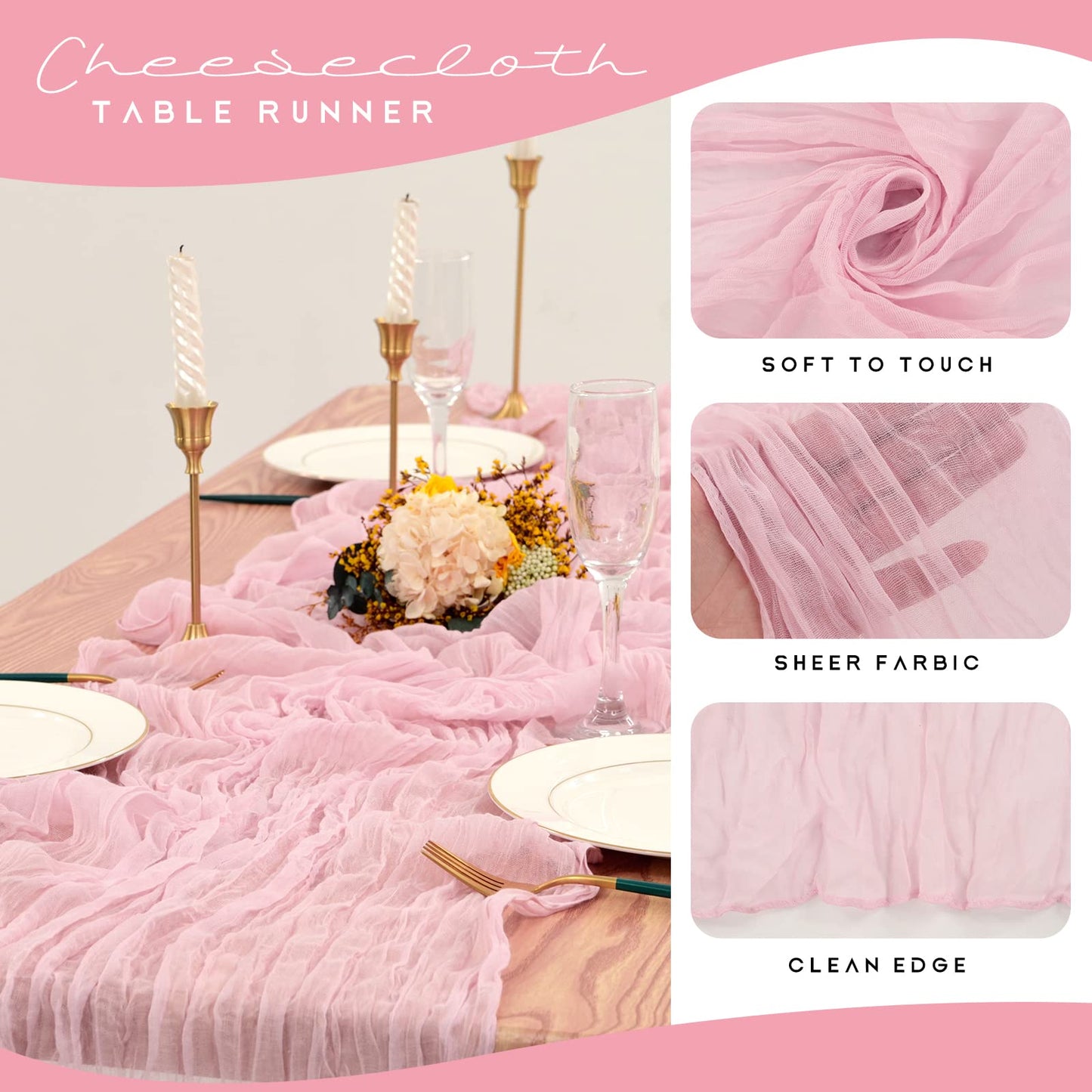 12 Pack Cheesecloth Table Runner 35 x 120 inch Long Boho Cheese Cloth Gauze Table Runners Semi Sheer Table Runner for Wedding Decor, Bridal Shower, Birthday Party (Light Pink)