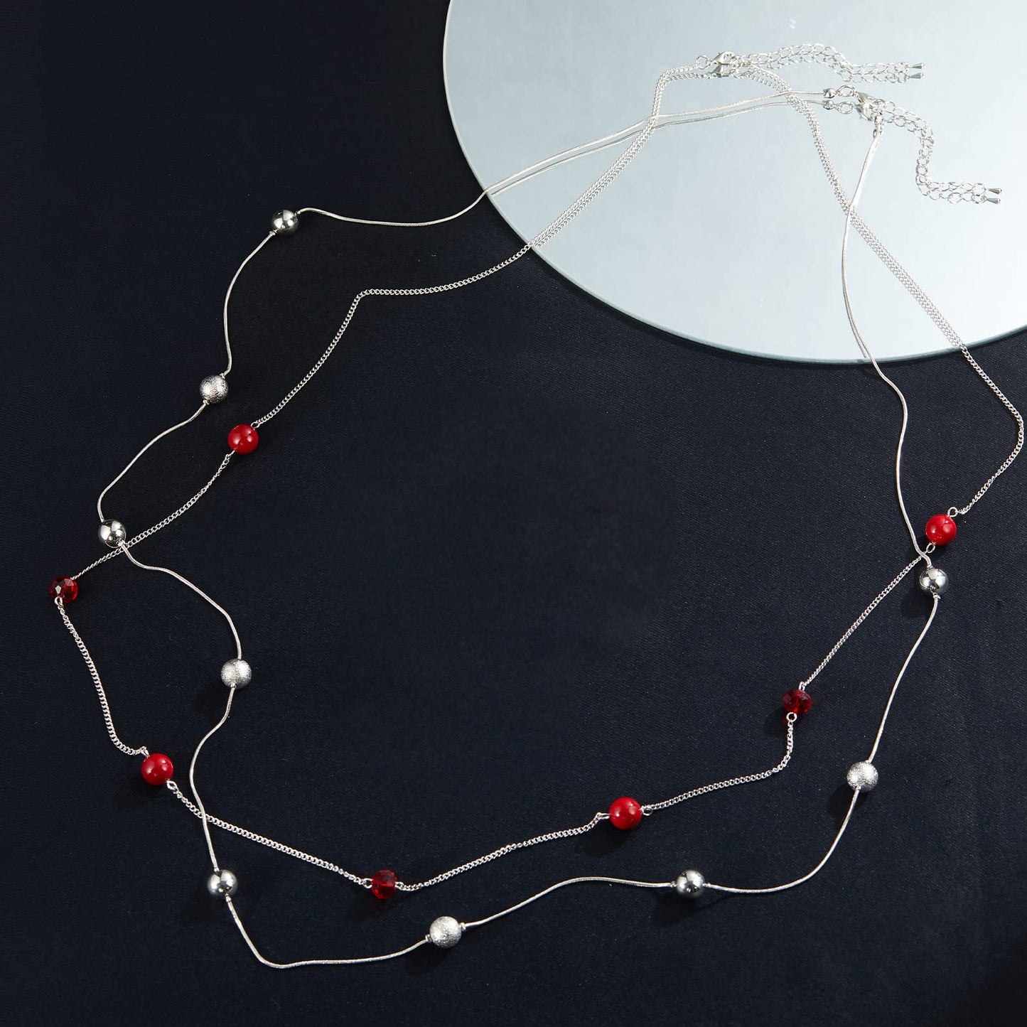 Silver Layered Long Necklace for Women Pearl Crystal Sweater Strand Chain Necklaces Fashion Gifts (Red)