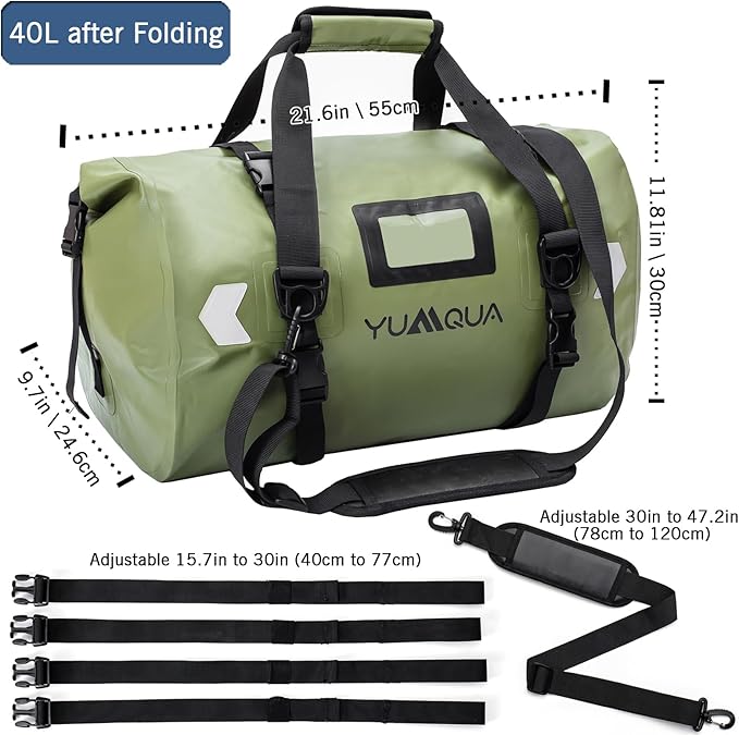 Waterproof Duffel Bag, Large Duffle Bag for Travel Heavy Duty Dry Bag with Durable Strap & Handle for Outdoor Motorcycle Boating Rafting Kayaking Paddleboarding, 40L Capacity Army Green