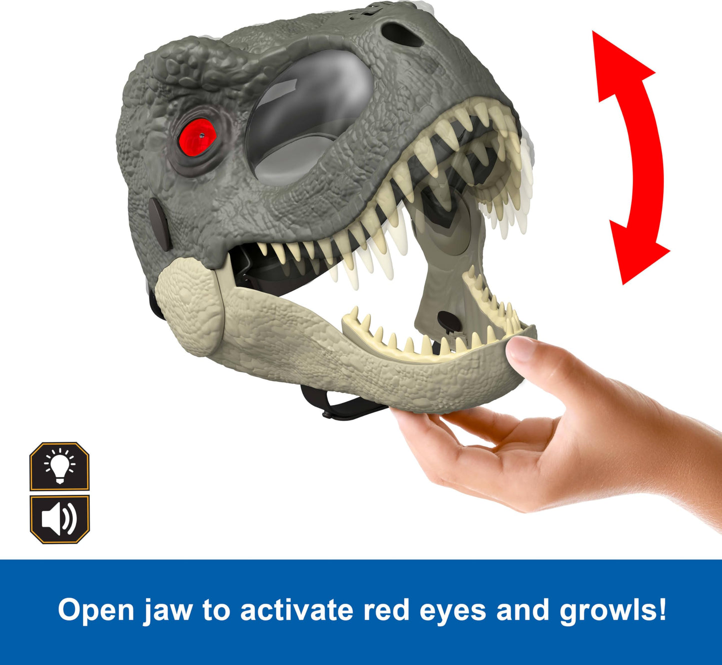 Mattel Jurassic World Rebirth T-Rex Rage N Roar Mask with LED Light Up Eyes, Blink Action with 3 Level Aggression Effect, Dinosaur Costume Headgear Toy