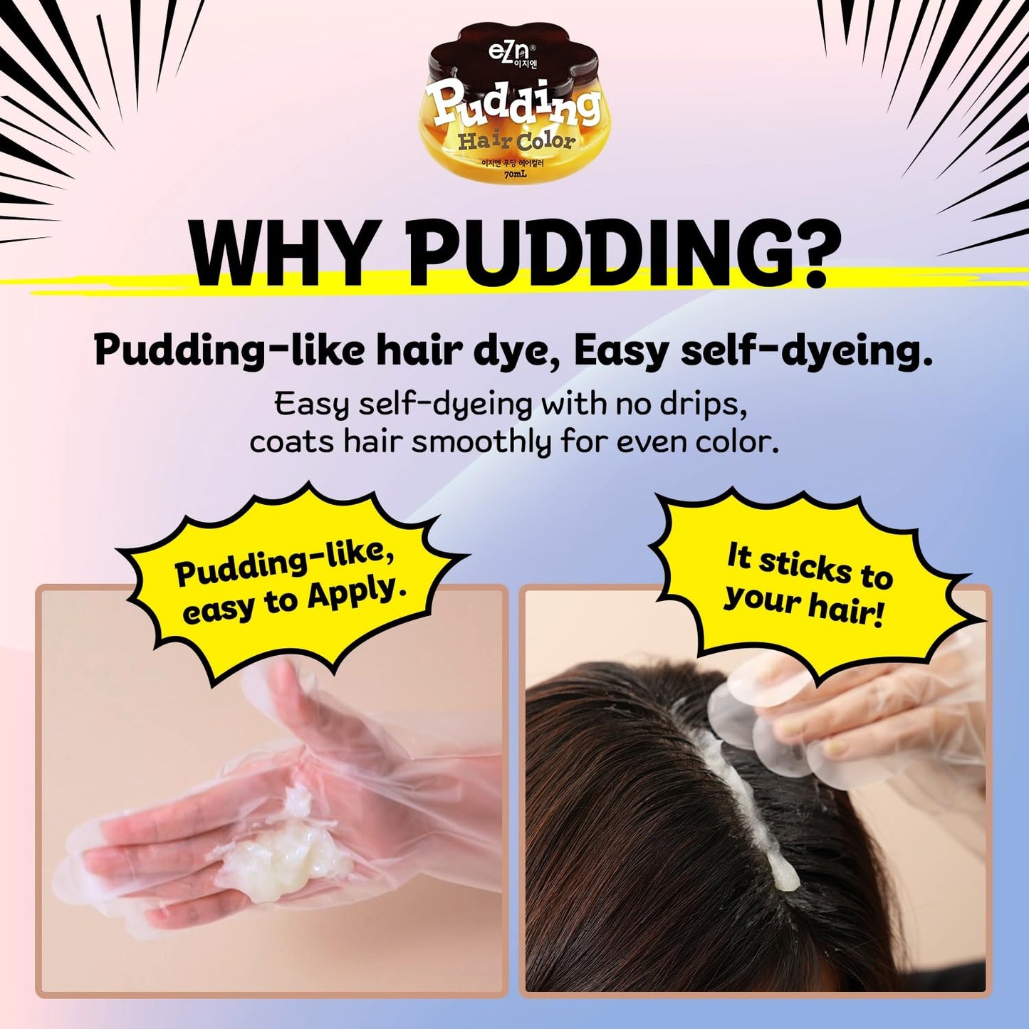 eZn Pudding Hair Dye Ammonia Free Semi-Permanent Self Hair Dye DIY Kit included contain Keratin Made in Korea Beauty (Pink Toner)