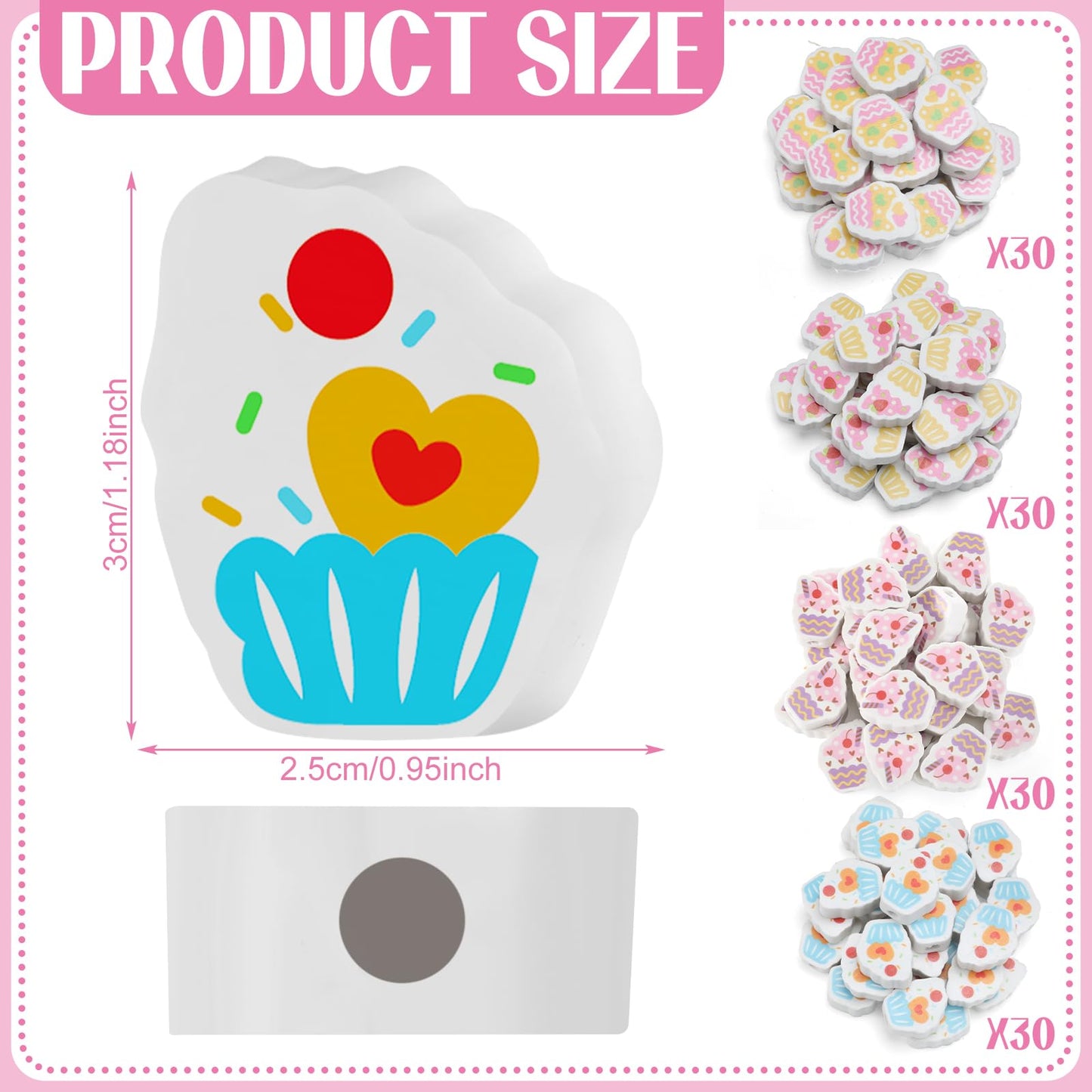 120 Pcs Cute Mini Cupcake Pencil Erasers for Kids Bulk Happy Birthday Pencil Topper Novelty Erasers for Party Favor Back to School Home Work Rewards Teacher Reward Supplies Gift Filling