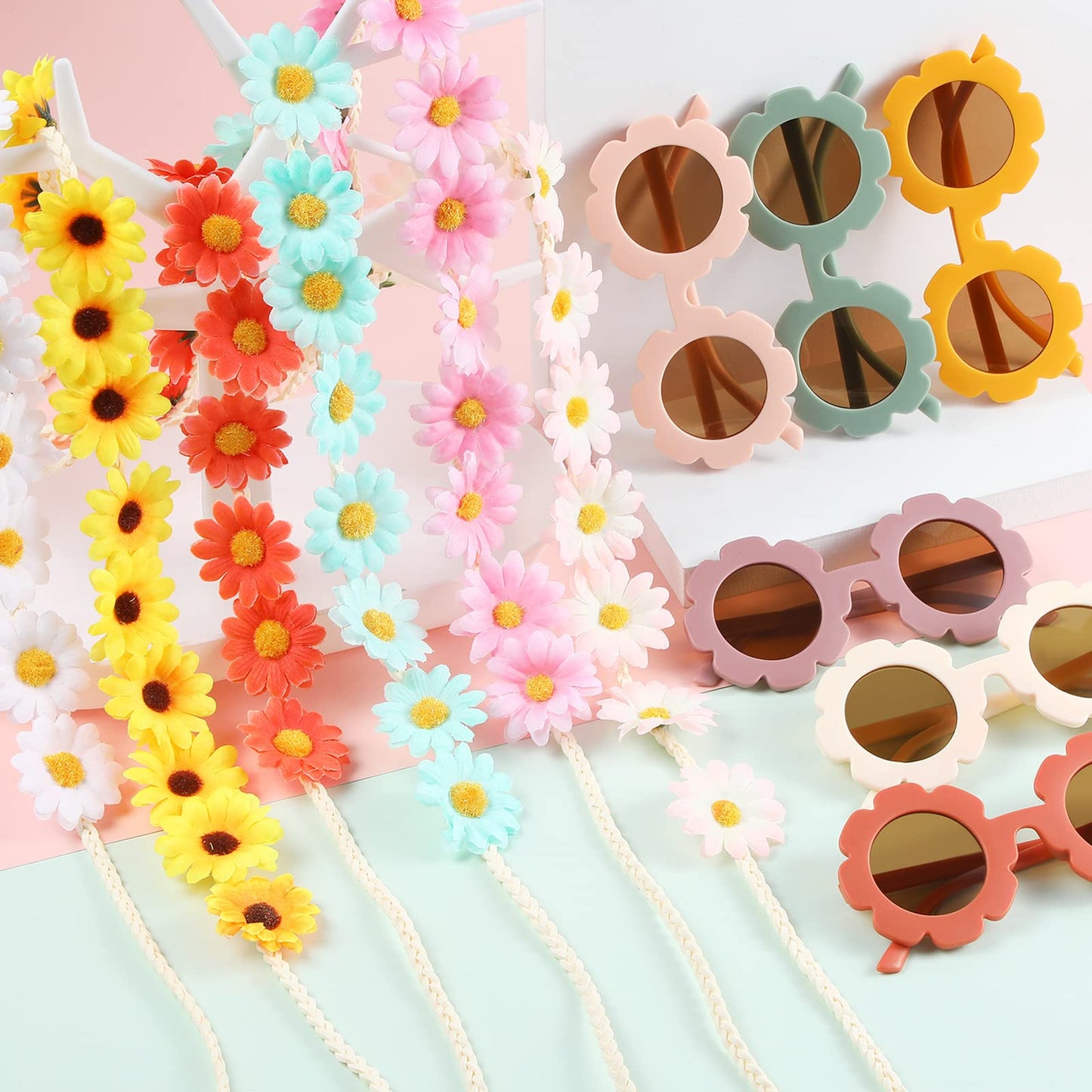 Groovy Retro Flower Sunglasses Headbands Party Favors Daisy Flower Costume Accessories Set 60s 70s Party Gifts for Kids (20 Pcs)