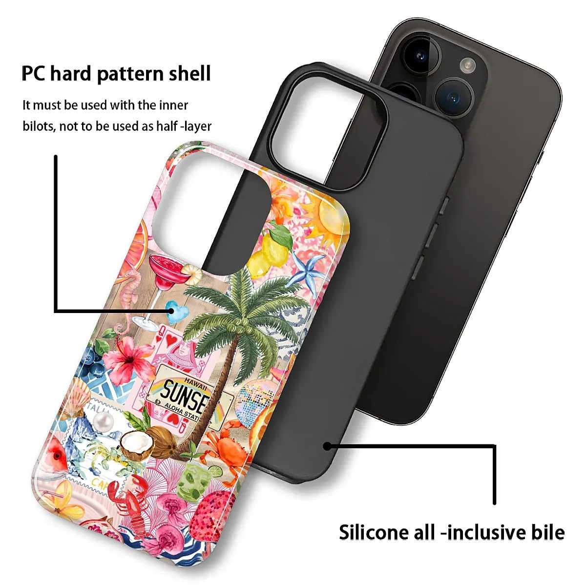 DAIZAG Case for iPhone 15,Mixed 2 Layer Design Shockproof Soft TPU Ddouble Protection Phone Case for iPhone 15-Aesthetic Summer Beach