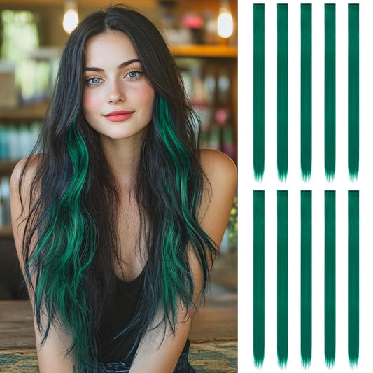 FESHFEN Colored Clip in Hair Extensions - 10 PCS Polaris Dark Green Highlighted Hair Piece Straight Synthetic Clip in Hairpieces for Women 22 inch