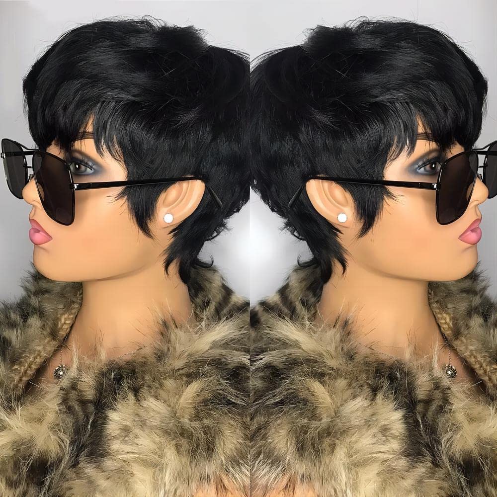 RICONEY Short Bob Wigs for Black Women Human Hair Pixie Cut Wig with Bangs Glueless Short Pixie Wig Layered None Lace Front Wig Full Machine Made 1B Color