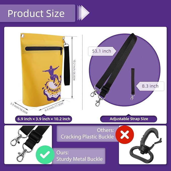 WALNEW Waterproof Dry Bag with Watertight Zipper, Lightweight Waterproof Pouch for Women Men, IPX5 Crossbody Dry Sack Keeps Gear Dry for Kayaking, Beach, Boating, Camping, Fishing, Hiking (YELLOW)