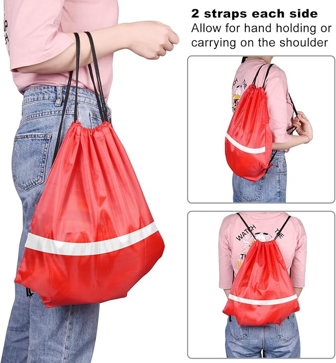 KUUQA 12 Pcs Drawstring Backpack Bag Bulk Reflective Backpack Red String Bags Cinch Sack Backpack for Team Yoga Sport Gym Traveling
