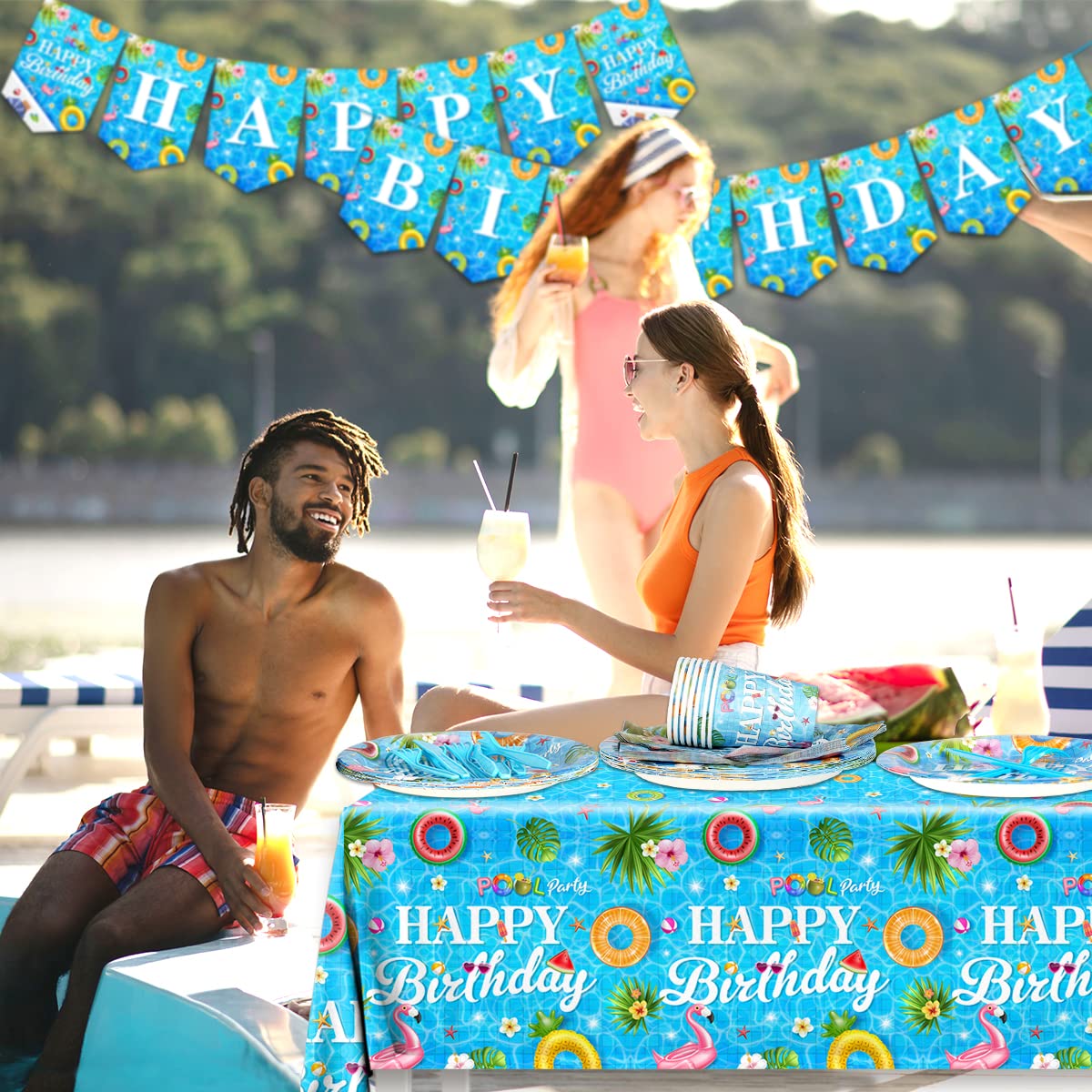 142 Pieces Pool Birthday Party Supplies - Summer Pool Tableware Set Plate,Cups,Tablecloth for Summer Pool Birthday Party, Hawaii Holiday Decorations