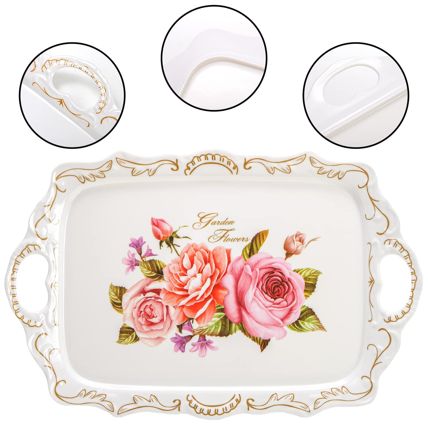 Nicunom 3 Pack Serving Trays with Handles, 16" L x 11" W Rectangular Trays for Eating, Melamine Serving Platters for Party, Floral Tray for Serving Food, Cookies, Desserts, Great Gift