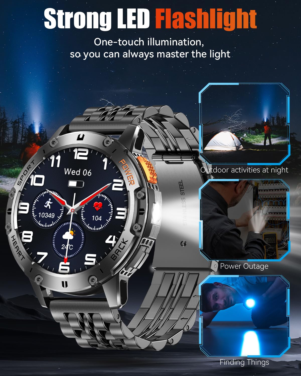 PODOEIL Military Smart Watches for Men with Bluetooth Call, 1.43" AMOLED Waterproof Smartwatch with Flashlight, 111 Sport Modes, 530mAh Heart Rate/SpO2/Sleep Monitor Fitness Tracker for Android iOS