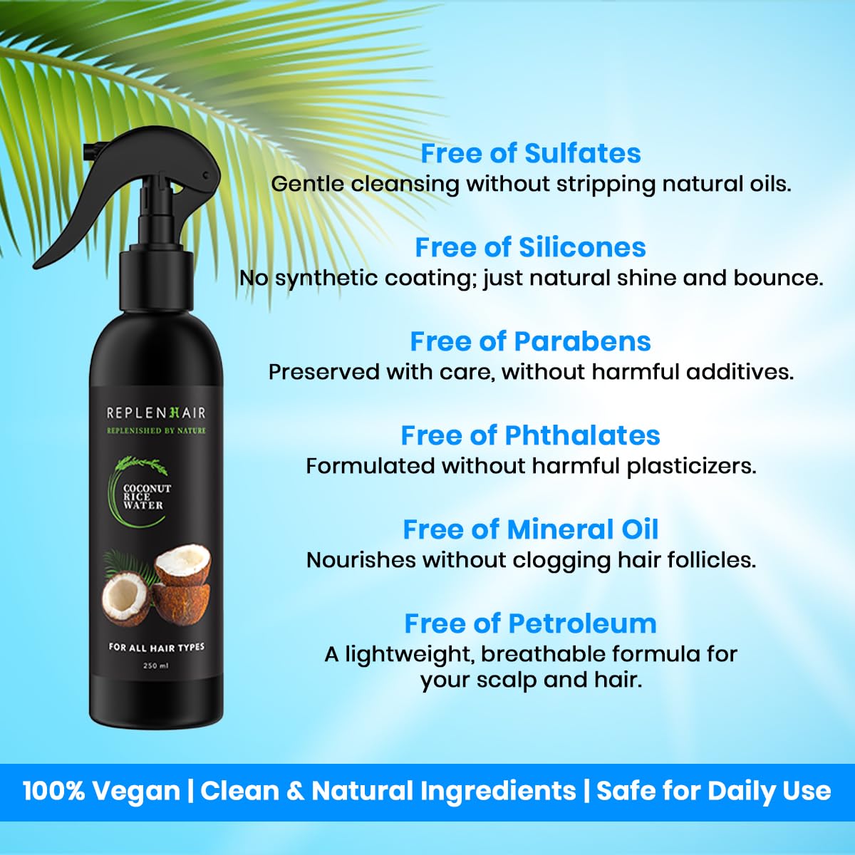 Replenhair Rice Water Coconut Hair Growth Spray - Leave In Conditioner Infused with Coconut Oil Hair & Essential Oil for Hair Growth, Reduces Hair Fall, Dandruff & & Promotes Thicker Hair - 250ml