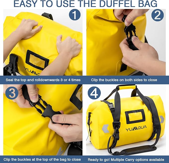 Waterproof Duffel Bag, Large Duffle Bag for Travel Heavy Duty Dry Bag with Durable Strap & Handle for Outdoor Motorcycle Boating Rafting Kayaking Paddleboarding, 40L Capacity after Fold Yellow