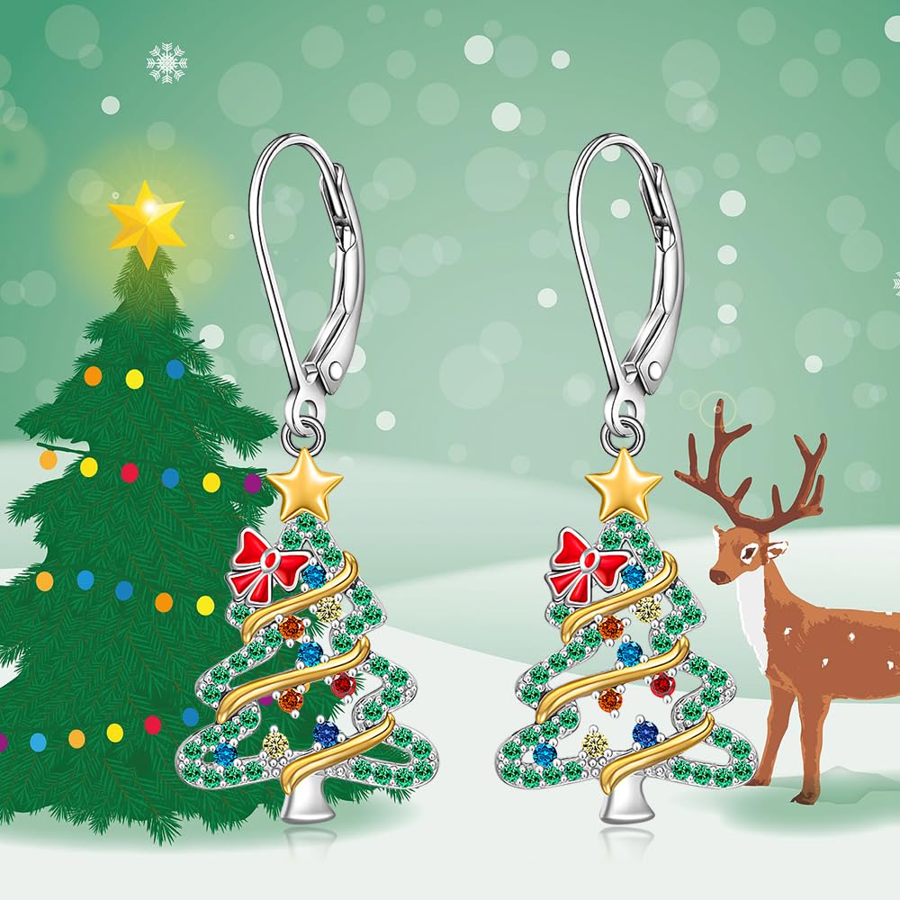 Christmas Tree Earrings Christmas Earrings Women Sterling Silver Dangle Drop S925 Leverback Green Tree X Mas Jewelry