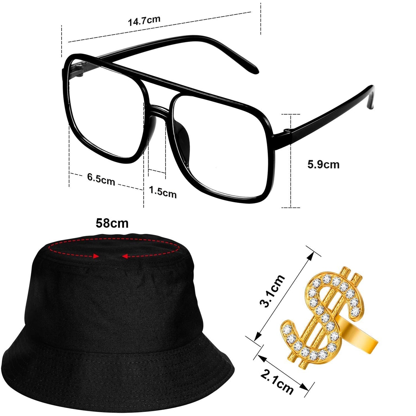 Sumind 6 Pcs 80s 90s Hip Hop Costume Outfit Kit Inflatable Radio Boombox Necklace Ring Sunglasses Hat Rapper Accessories(Black)